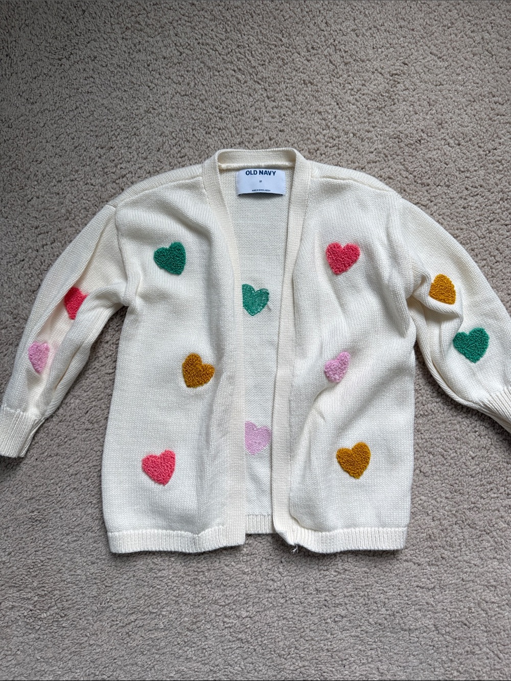 Old Navy Cream Open-Front Cardigan with Multicolor Heart Patches